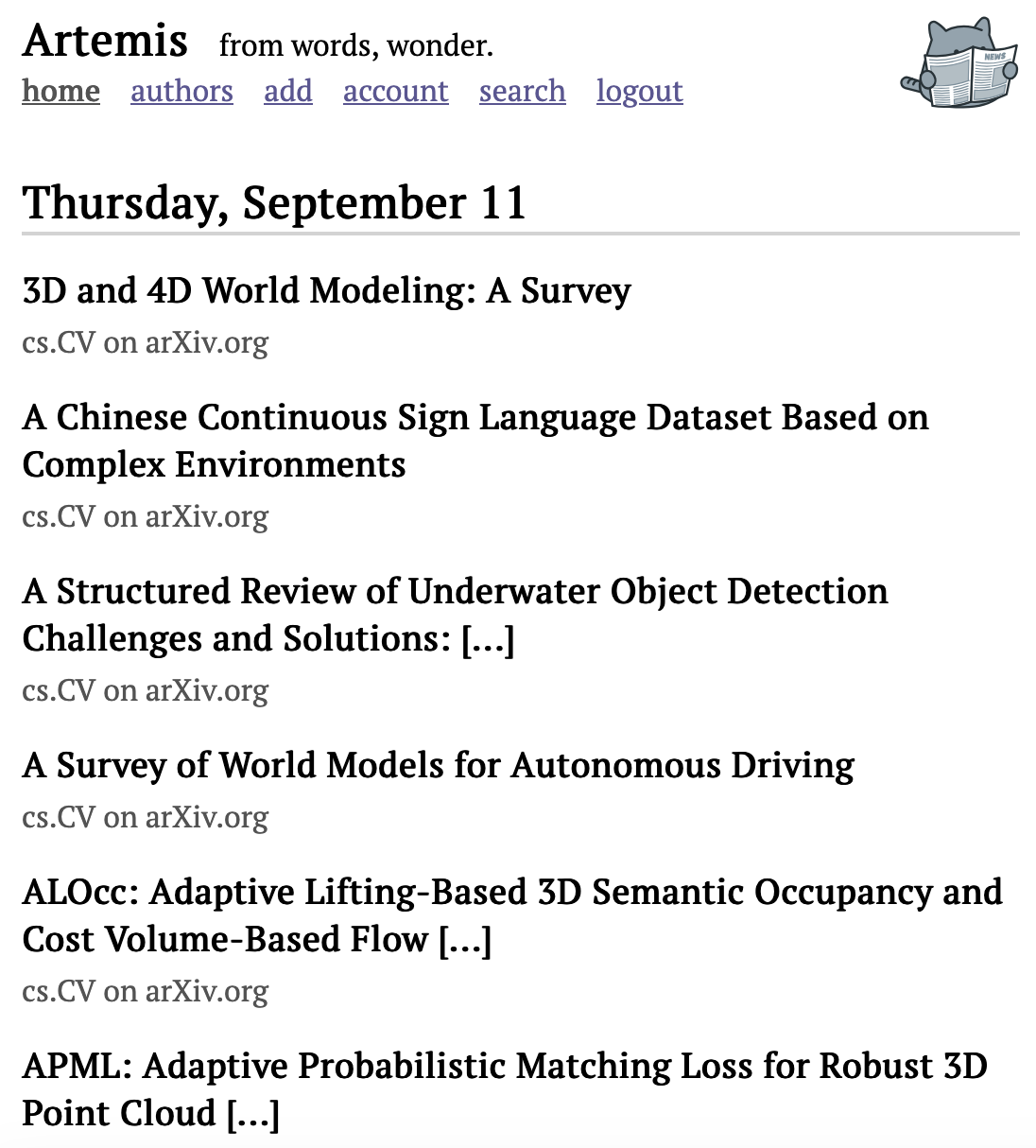 The Artemis home page showing papers from the cs.CV Arxiv web feed.